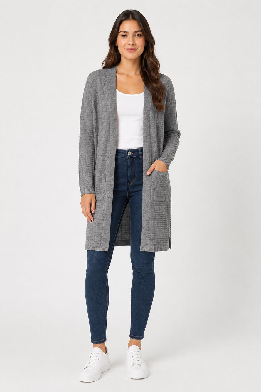 QED London Longline Open Front Cardigan Womens XS Grey Pockets New Long Sleeves
